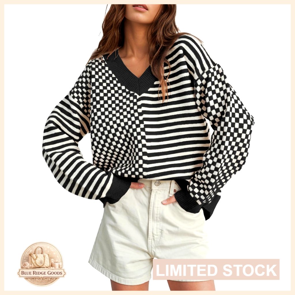Striped Checkered V Neck Pullover Sweater, 29% Acrylic 29% Viscose 28%